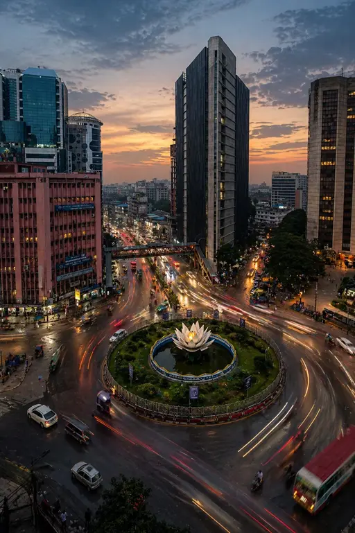 Dhaka Shapla Square traffic at dusk